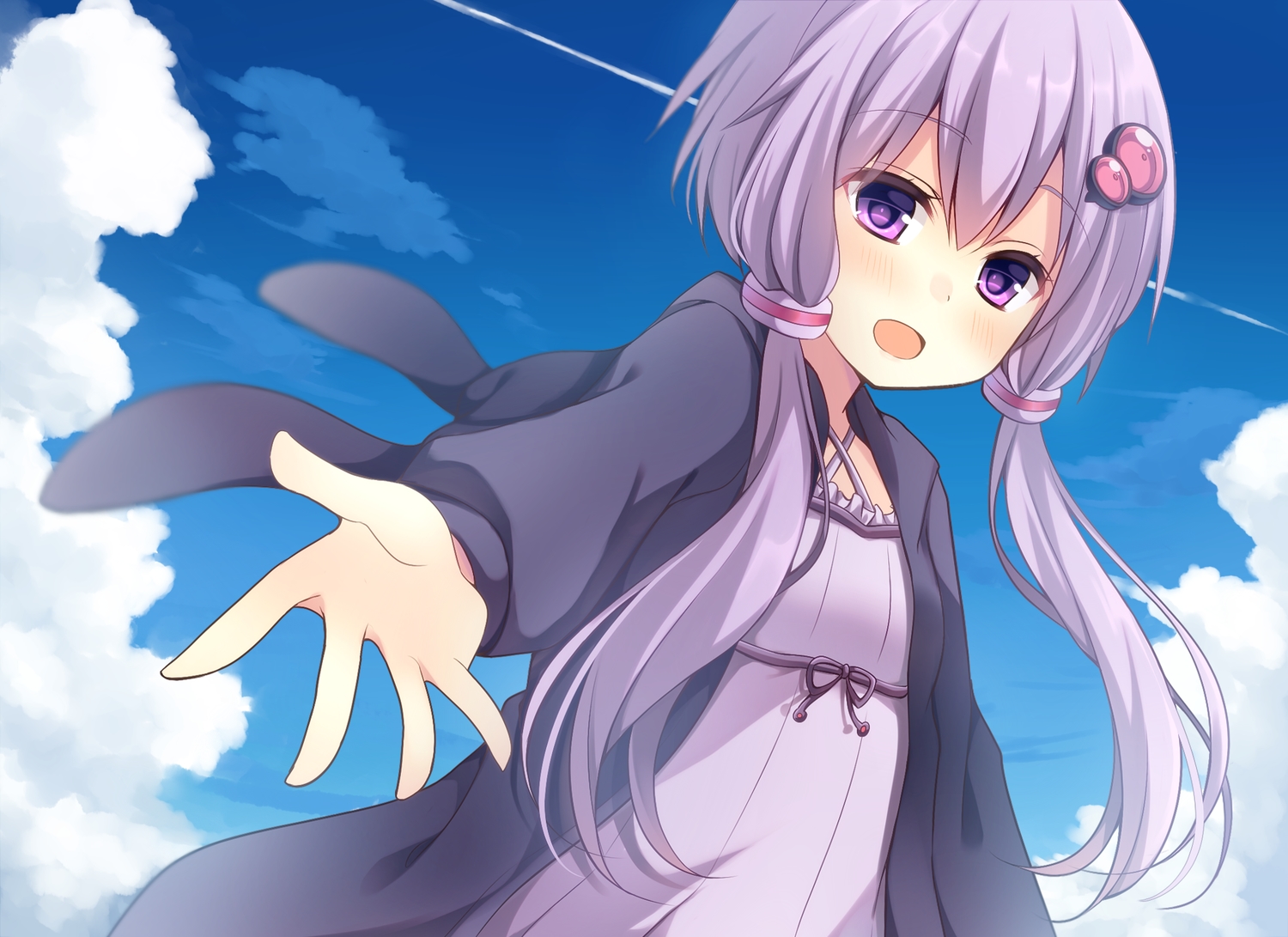 clouds, dress, komomo_(ptkrx), long_hair, purple_eyes, purple_hair, sky, twintails, vocaloid, voiceroid, yuzuki_yukari