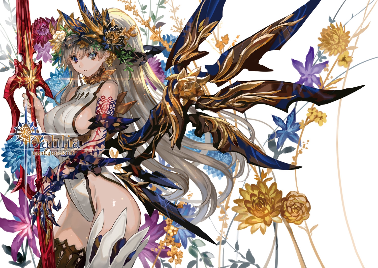 blue_eyes, breasts, erect_nipples, flowers, headdress, leotard, long_hair, original
