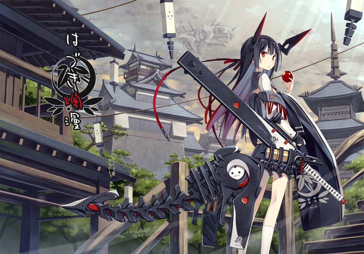 apple, black_hair, food, fruit, gray_hair, kneehighs, long_hair, mechagirl