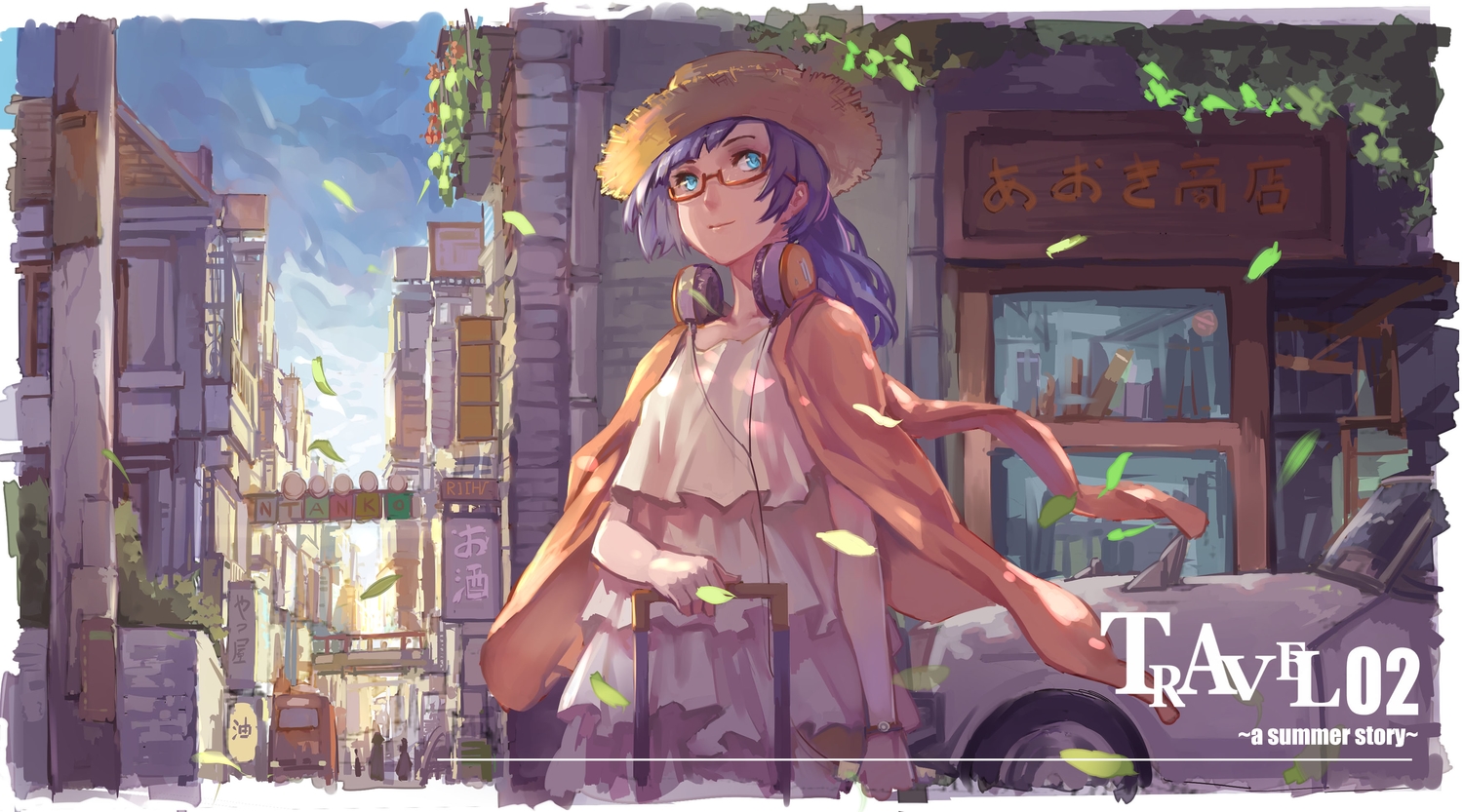 aqua_eyes, building, car, city, glasses, hat, headphones, jpeg_artifacts, leaves, long_hair, original, ponytail, purple_hair, xinuo223