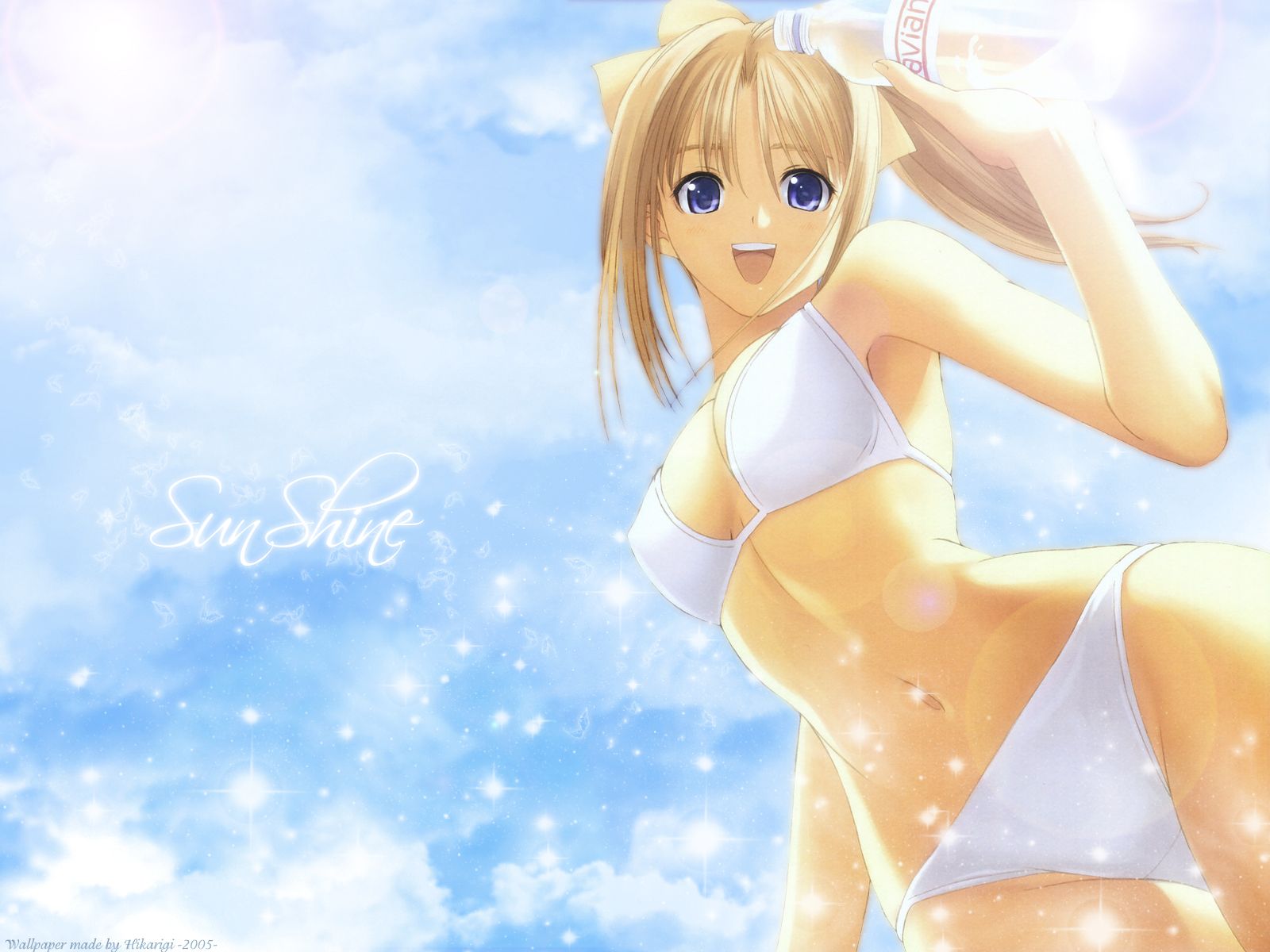 after, bikini, blonde_hair, blue_eyes, navel, shiomiya_kanami, sky, swimsuit, taka_tony