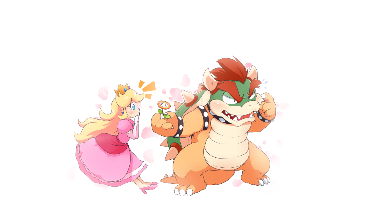 blonde_hair, blue_eyes, blush, bowser, choker, crown, dress, elbow_gloves, fang, gloves, horns, male, petals, princess_peach, red_hair, super_mario, tail, ukan_muri, white