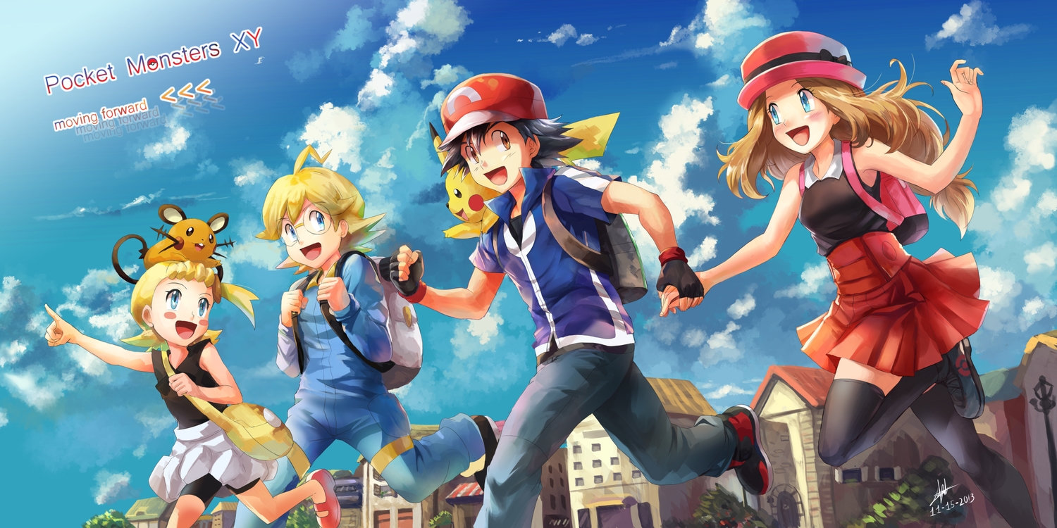 bike_shorts, black_hair, blonde_hair, blue_eyes, brown_eyes, citron, clouds, dedenne