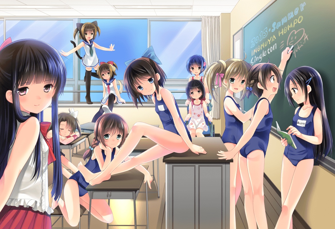 animal_ears, azuma_yuki, barefoot, black_hair, blue_eyes, brown_eyes, brown_hair, catgirl, doggirl, green_eyes, group, loli, long_hair, original, school_swimsuit, school_uniform, short_hair, swimsuit, tail, thighhighs, twintails