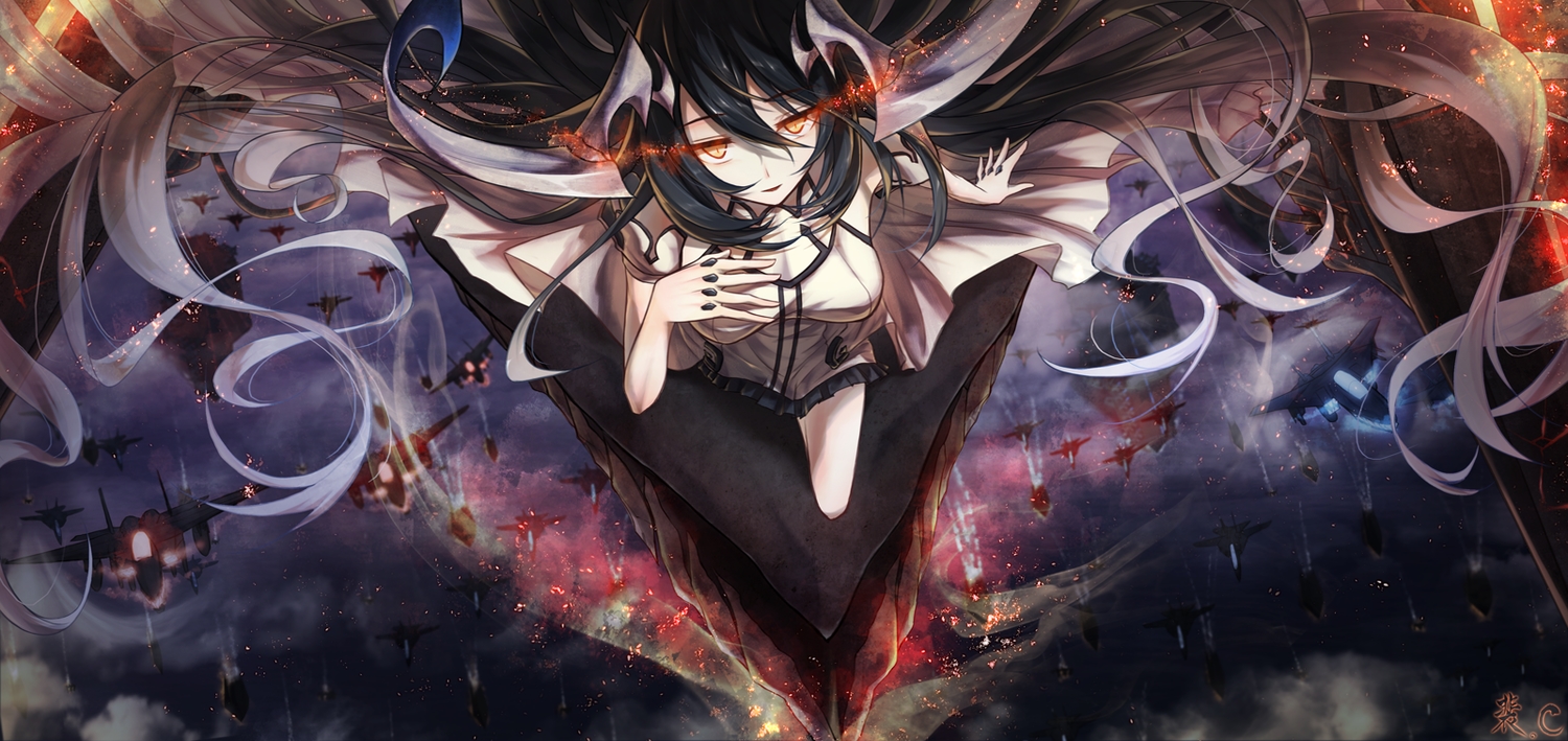aircraft, anchorage_water_demon, anthropomorphism, bae.c, black_hair, dress, kantai_collection, long_hair, orange_eyes