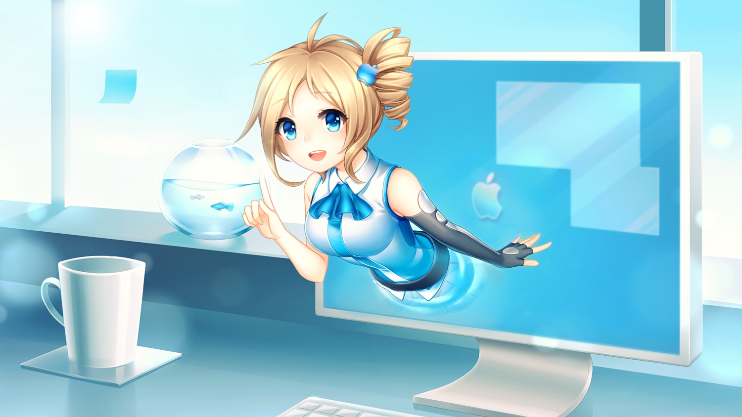aizawa_inori, anthropomorphism, blonde_hair, blue_eyes, computer, elbow_gloves, gloves, mac, os-tan, pricey, short_hair, skirt, third-party_edit