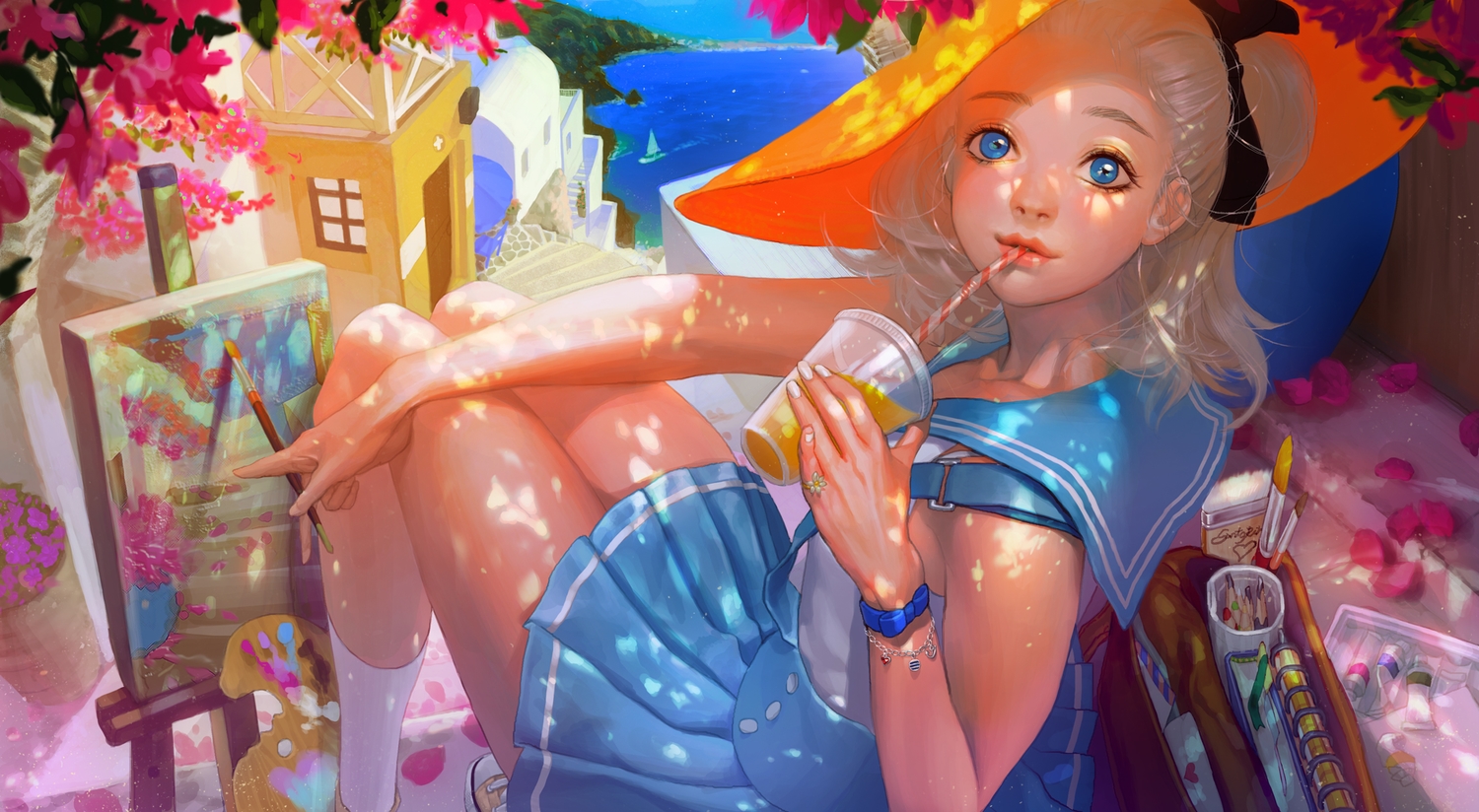 blonde_hair, blue_eyes, boat, building, drink, flowers, hat, original