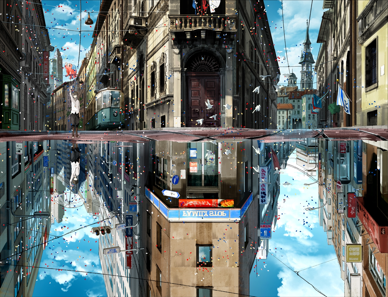 all_male, animal, bird, building, city, kurono-kuro, male, original, reflection, scenic, train, water
