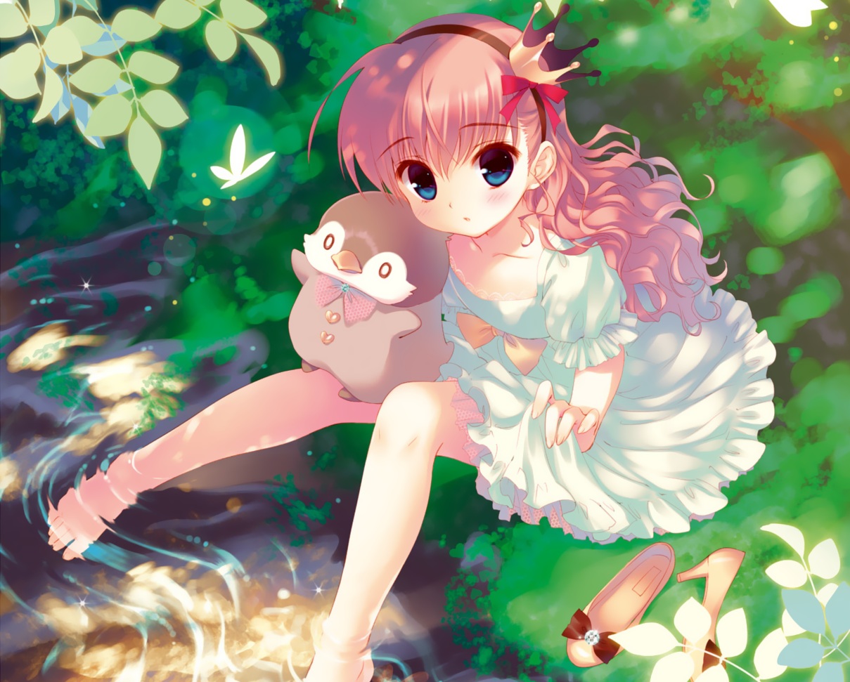 animal, barefoot, bird, blue_eyes, bow, butterfly, cropped, crown