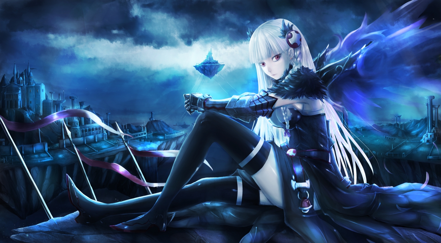 airship, aka_(mazeka), armor, building, city, dark, long_hair, polychromatic, puzzle_&_dragons, red_eyes, ribbons, scenic, thighhighs, valkyrie_(p&d), white_hair, wings