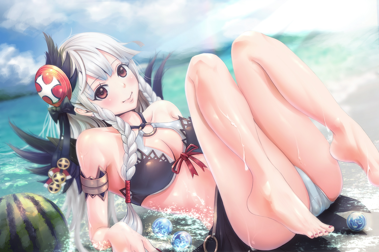 barefoot, beach, bikini, blush, braids, breasts, brown_eyes, cleavage