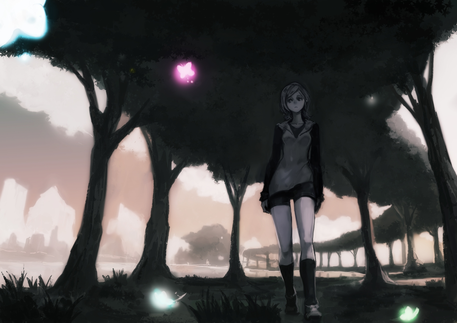 butterfly, grass, kneehighs, okuto, original, polychromatic, shade, short_hair