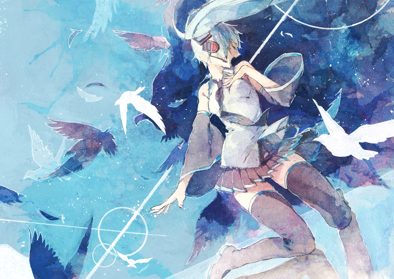 animal, bird, hatsune_miku, skirt, tentsuu_(tentwo), thighhighs, tie, vocaloid
