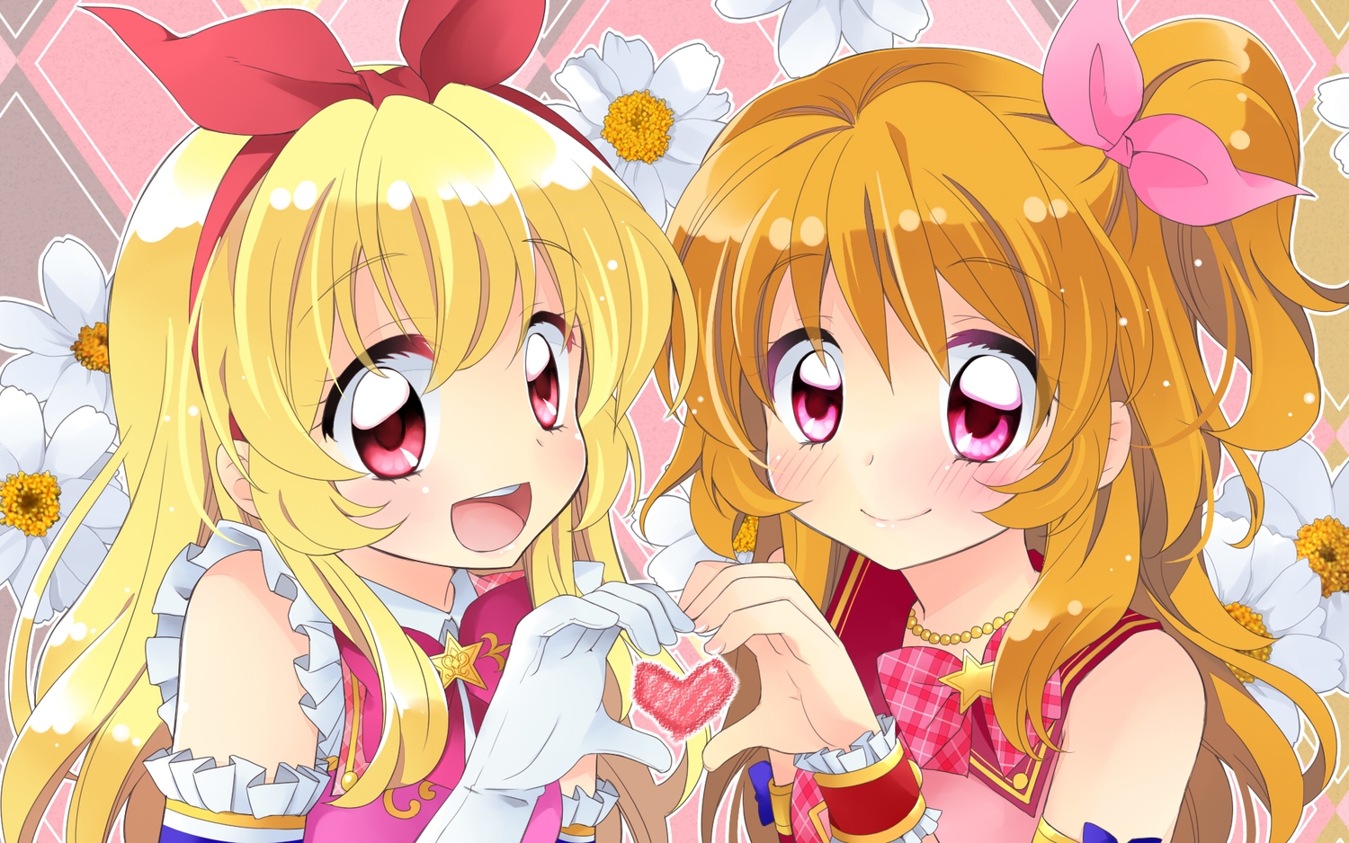 2girls, aikatsu!, blonde_hair, blush, brown_hair, gloves, hoshimiya_ichigo, katase_aoko