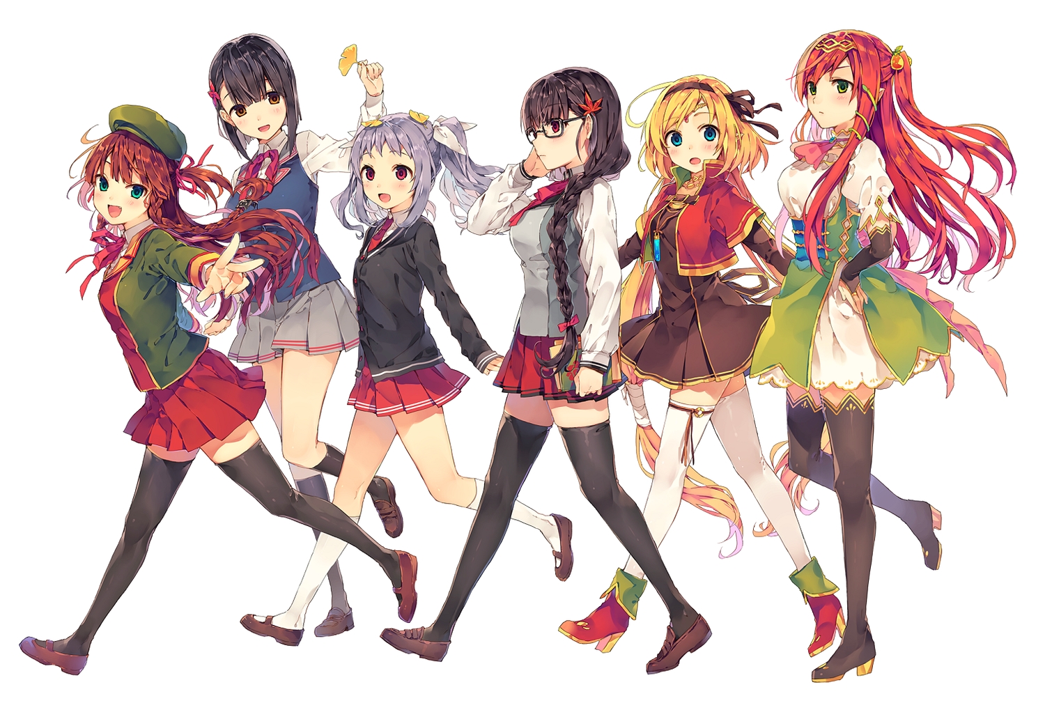 black_hair, blonde_hair, braids, dress, glasses, gray_hair, group, hat