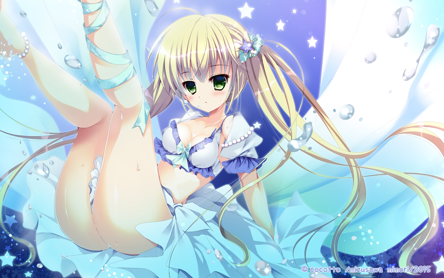 ass, bikini_top, blonde_hair, breasts, cleavage, green_eyes, long_hair, mizusawa_mimori, nopan, original, ribbons, twintails