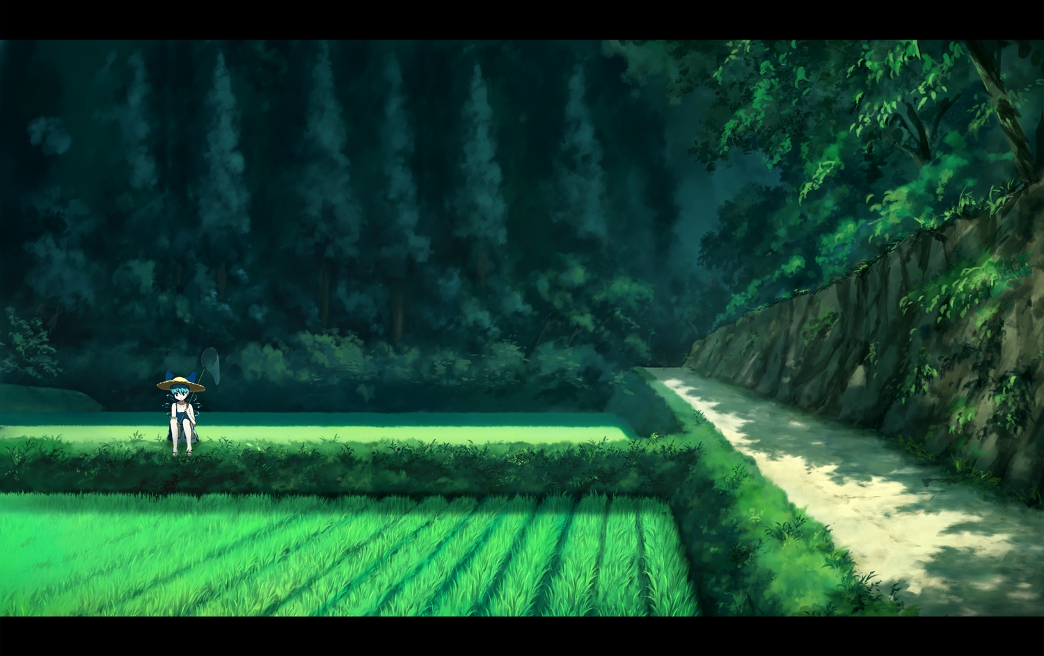 bow, cirno, dress, fairy, forest, grass, hat, landscape, sasajqazwsx, scenic, summer, summer_dress, touhou, tree, wings