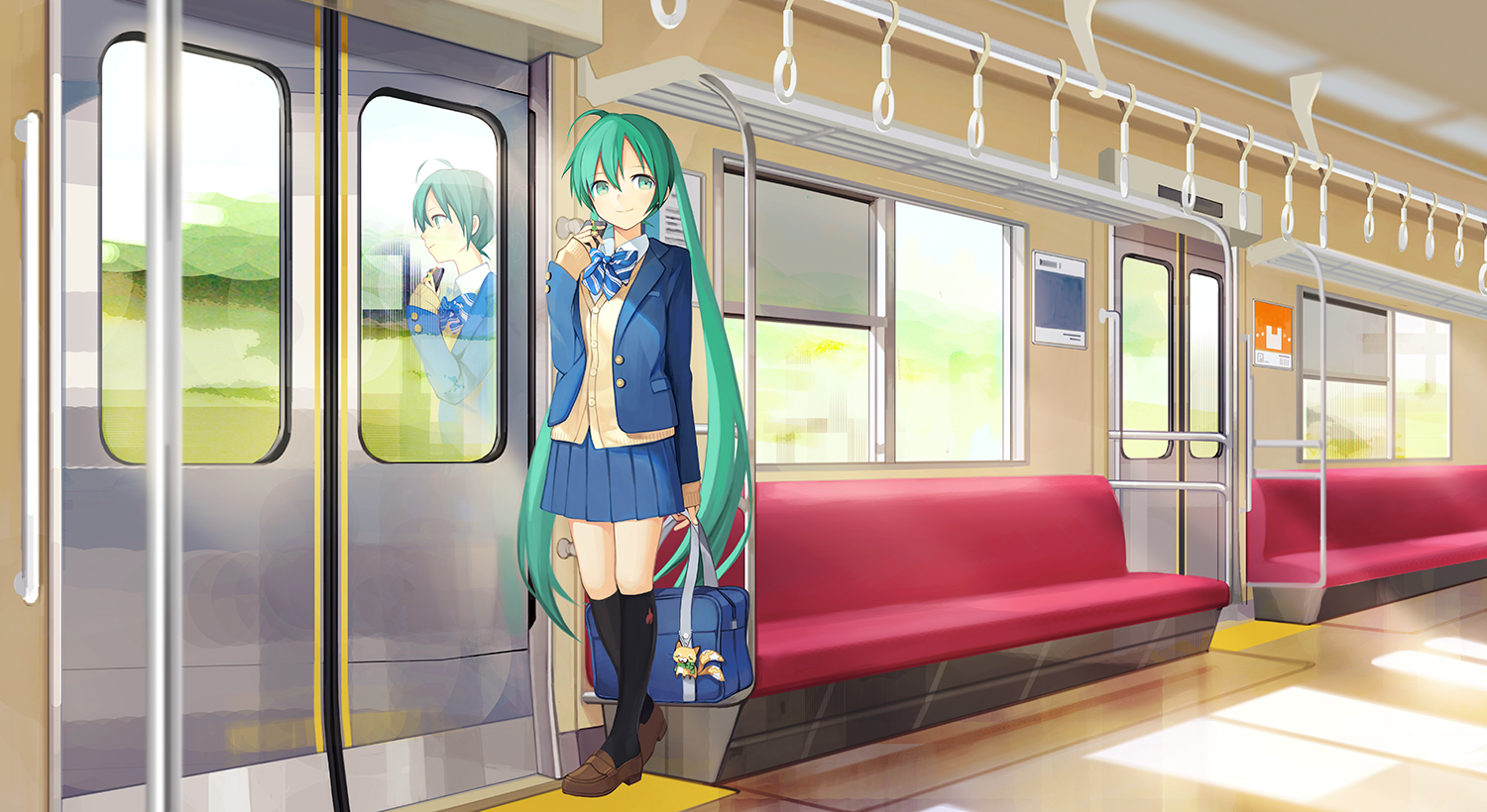 aqua_eyes, aqua_hair, hatsune_miku, kari_kenji, kneehighs, long_hair, reflection, school_uniform