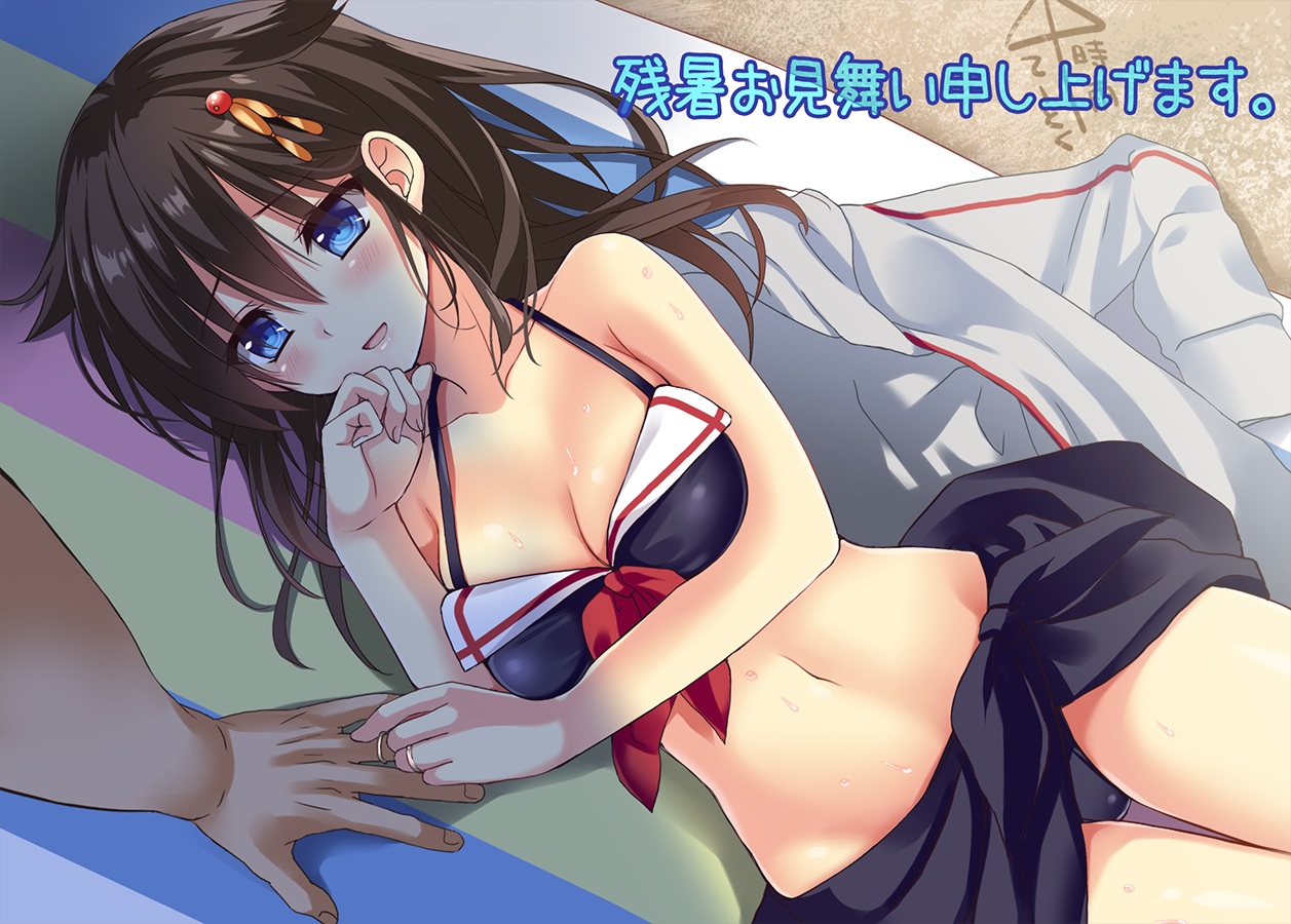 anthropomorphism, bikini, blue_eyes, blush, breasts, brown_hair, cleavage, ikura_nagisa, kantai_collection, navel, shigure_(kancolle), swimsuit