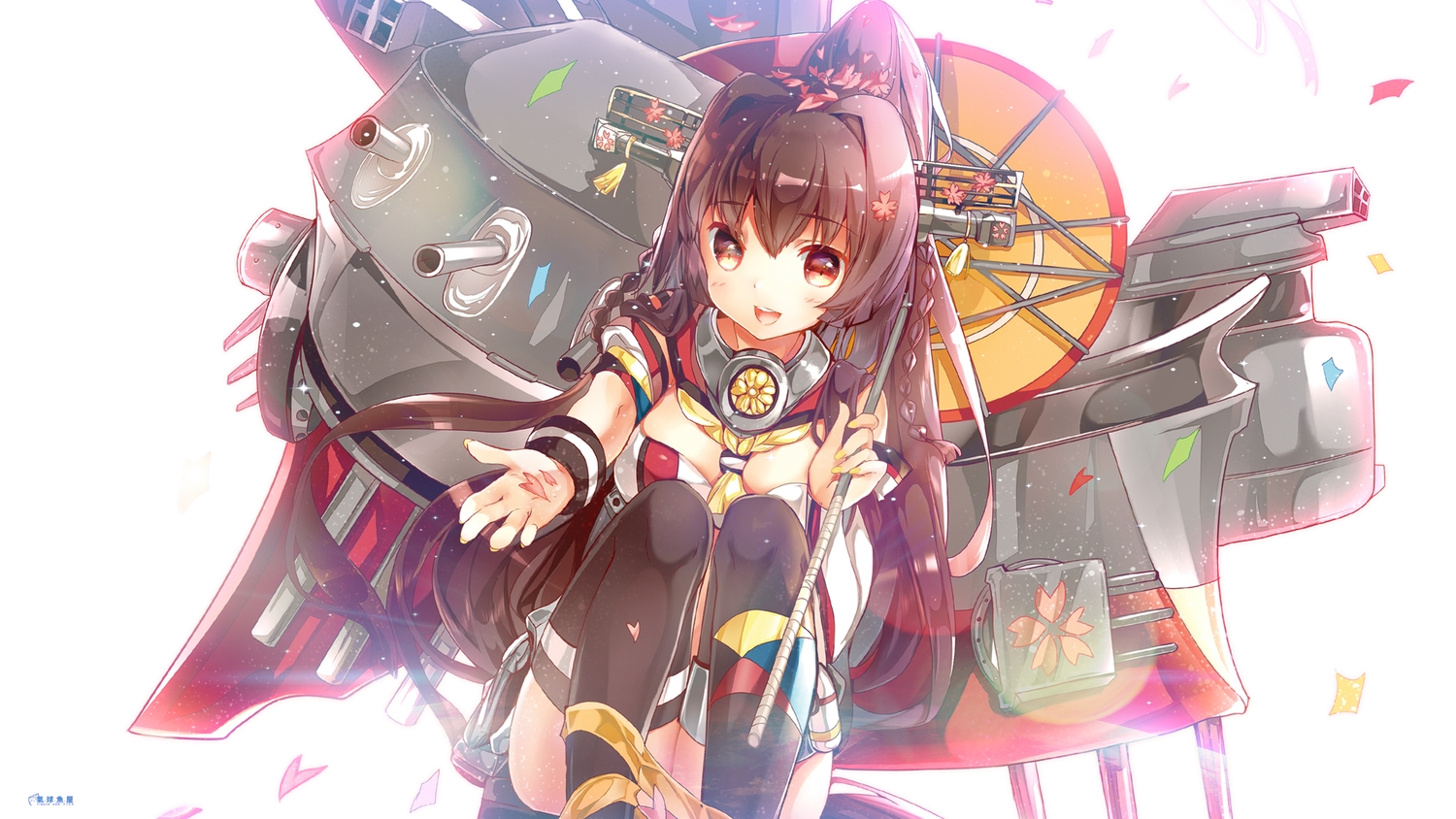 anthropomorphism, brown_hair, heco_(mama), kantai_collection, long_hair, petals, ponytail, thighhighs