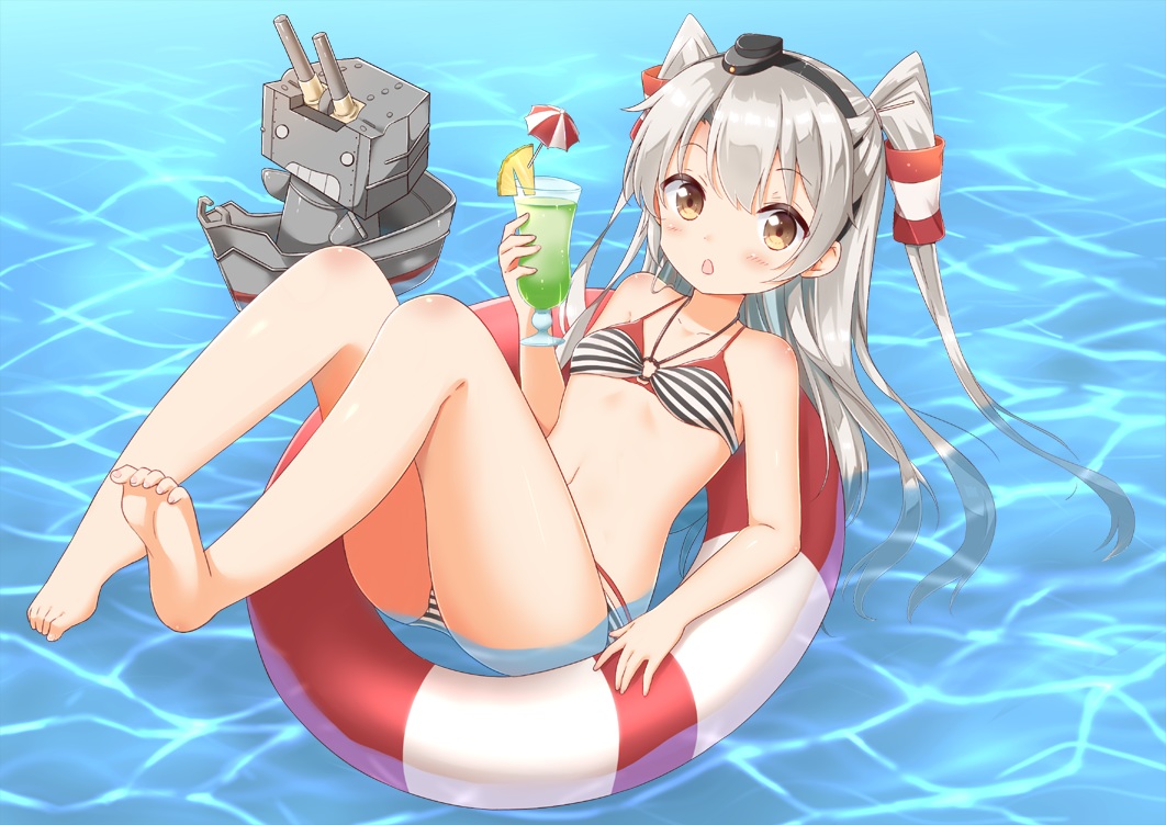 amatsukaze_(kancolle), anthropomorphism, barefoot, bikini, drink, gray_hair, headband, kantai_collection