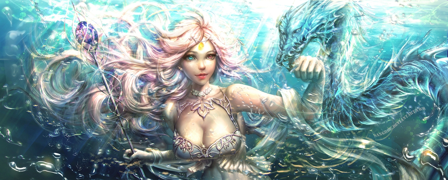bicolored_eyes, breasts, cleavage, dragon, gloves, headdress, original, pink_hair