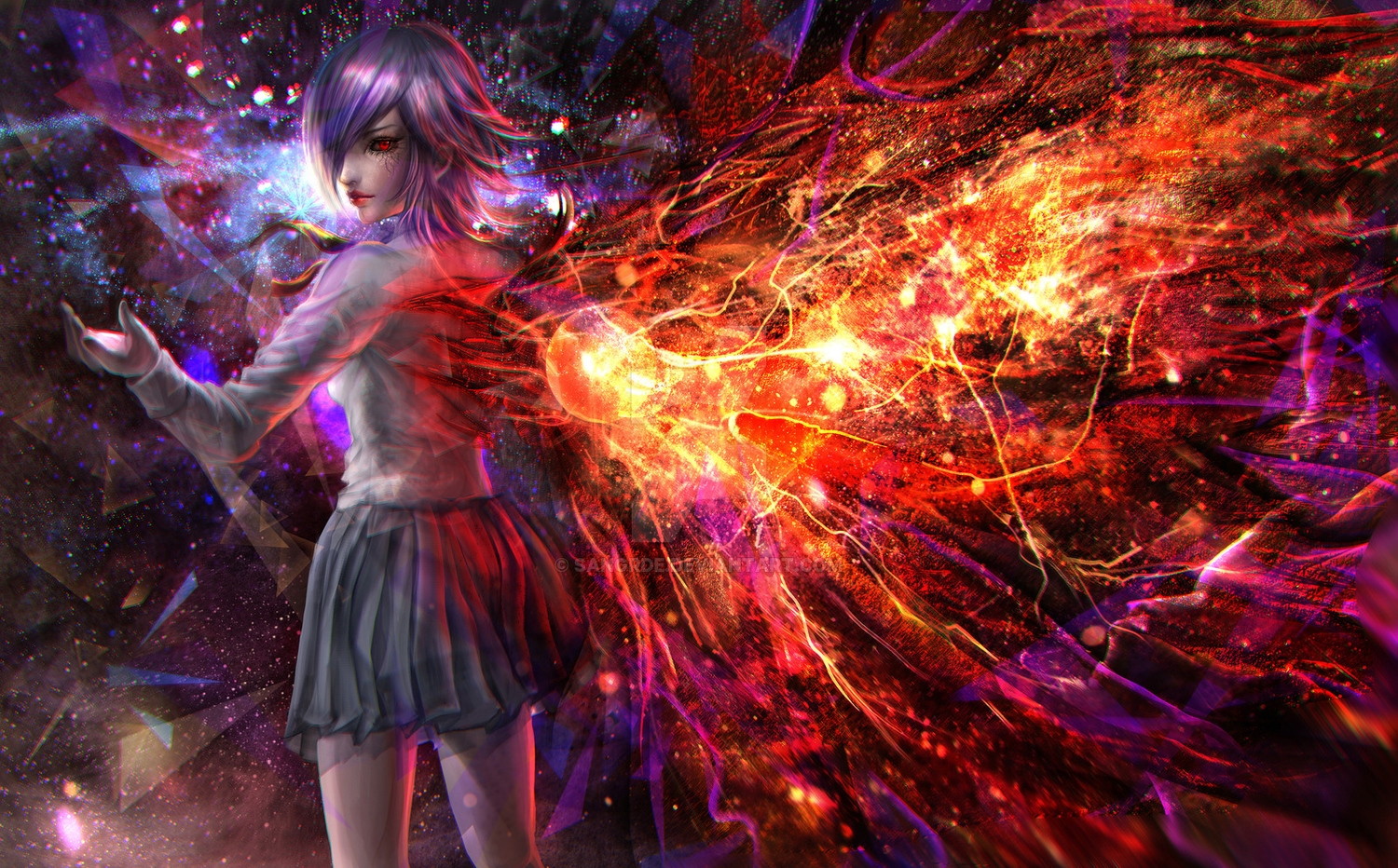 fire, kirishima_touka, magic, purple_hair, red_eyes, sangrde, school_uniform, skirt