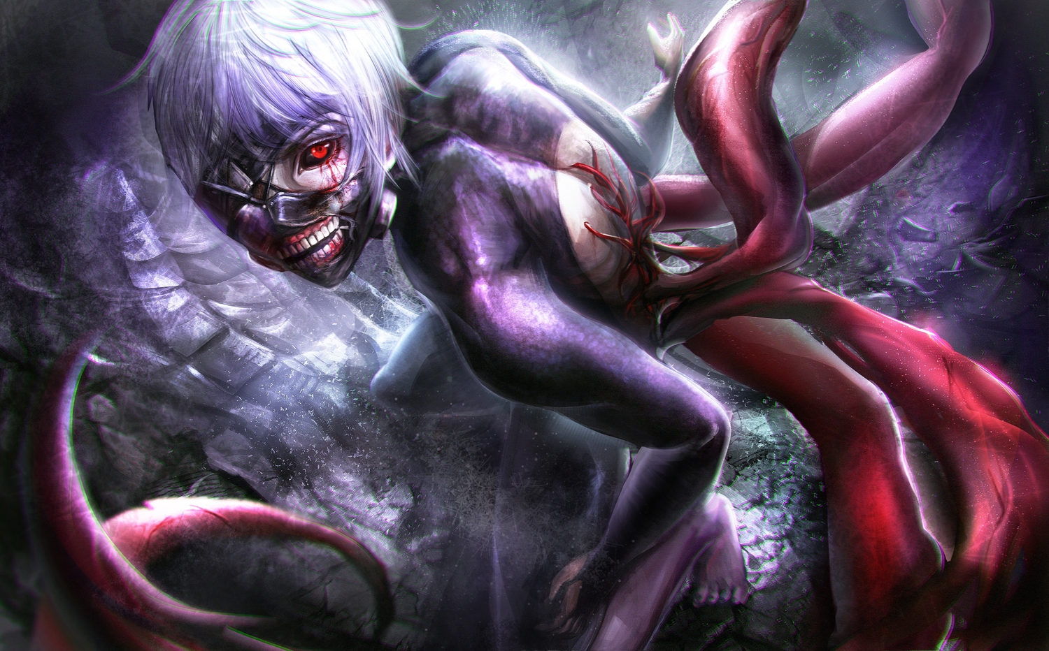 all_male, barefoot, blood, bodysuit, eyepatch, kaneki_ken, male, mask