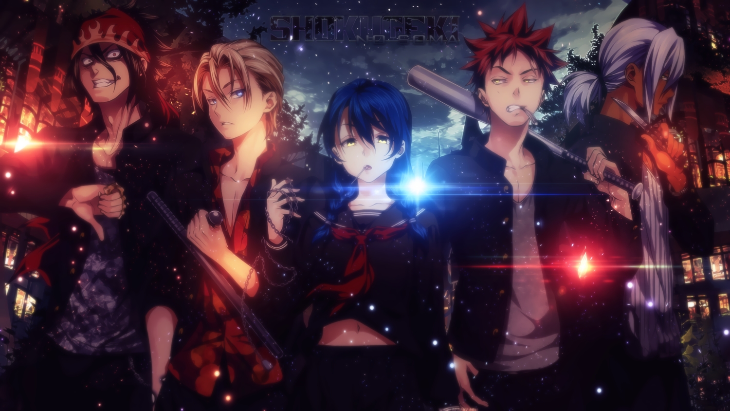 baseball_bat, black_hair, blonde_hair, blue_eyes, blue_hair, braids, building, candy, chain, fawwaz_ath_toriq_diya_aldin, gray_hair, group, hat, hayama_akira, headband, knife, kurokiba_ryo, lollipop, male, navel, night, ponytail, red_eyes, red_hair, school_uniform, shokugeki_no_souma, tadokoro_megumi, takumi_aldini, twintails, weapon, yellow_eyes, yukihira_souma