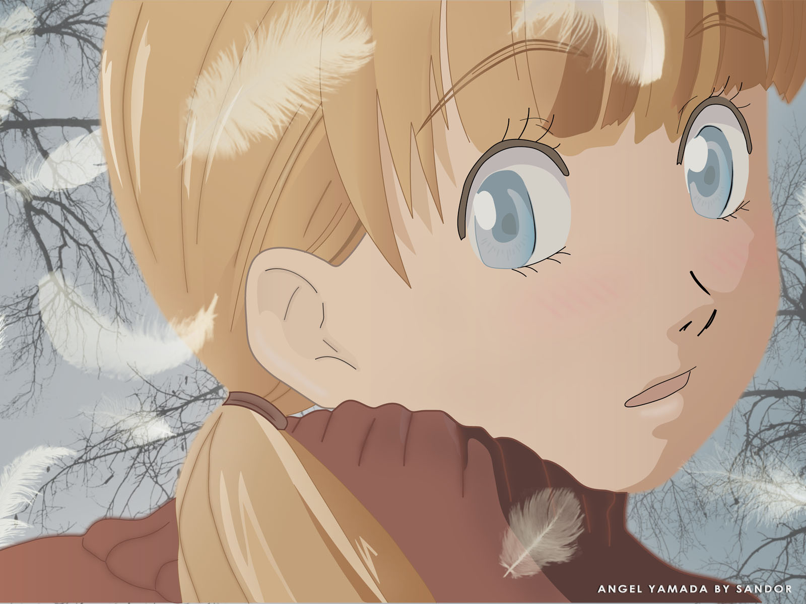 blonde_hair, blue_eyes, feathers, hachimitsu_to_clover, jpeg_artifacts, ponytail, tree, yamada_ayumi