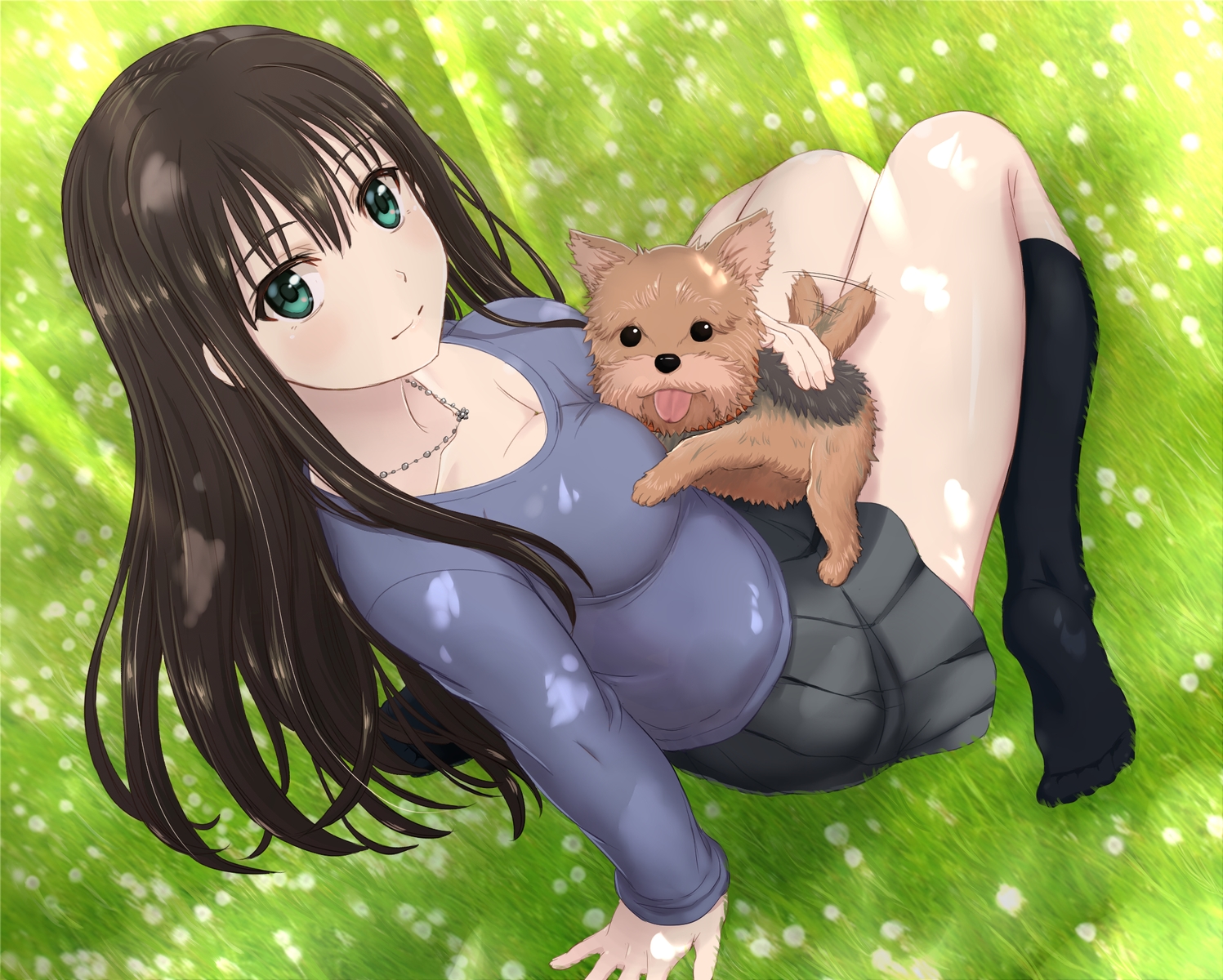 animal, breasts, brown_hair, cleavage, dog, grass, green_eyes, idolmaster, idolmaster_cinderella_girls, inanaki_shiki, kneehighs, long_hair, necklace, shibuya_rin, skirt