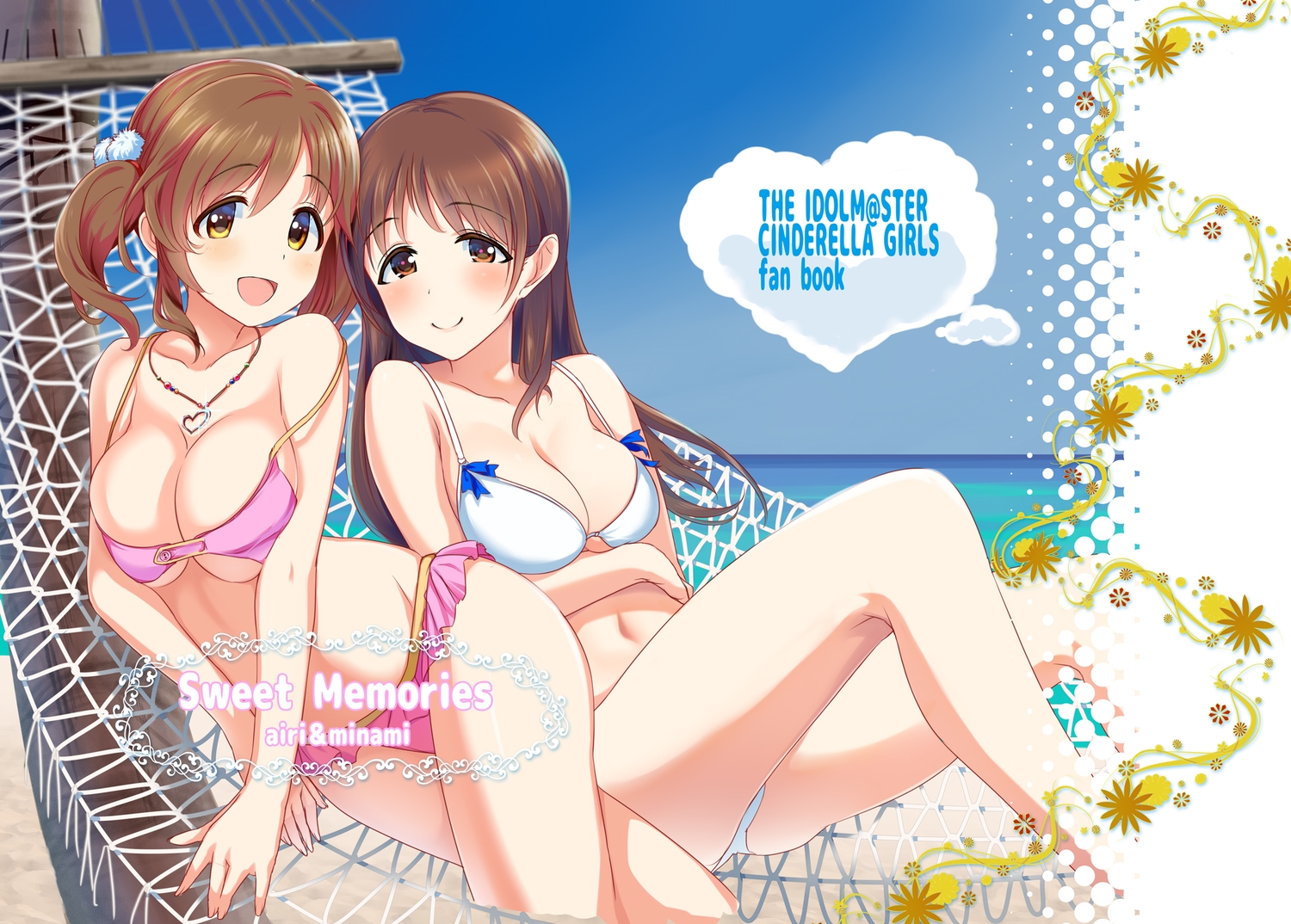 2girls, bikini, blush, breasts, brown_hair, cleavage, heart, idolmaster, idolmaster_cinderella_girls, long_hair, natsuya, navel, necklace, nitta_minami, orange_eyes, short_hair, swimsuit, totoki_airi, twintails, yellow_eyes