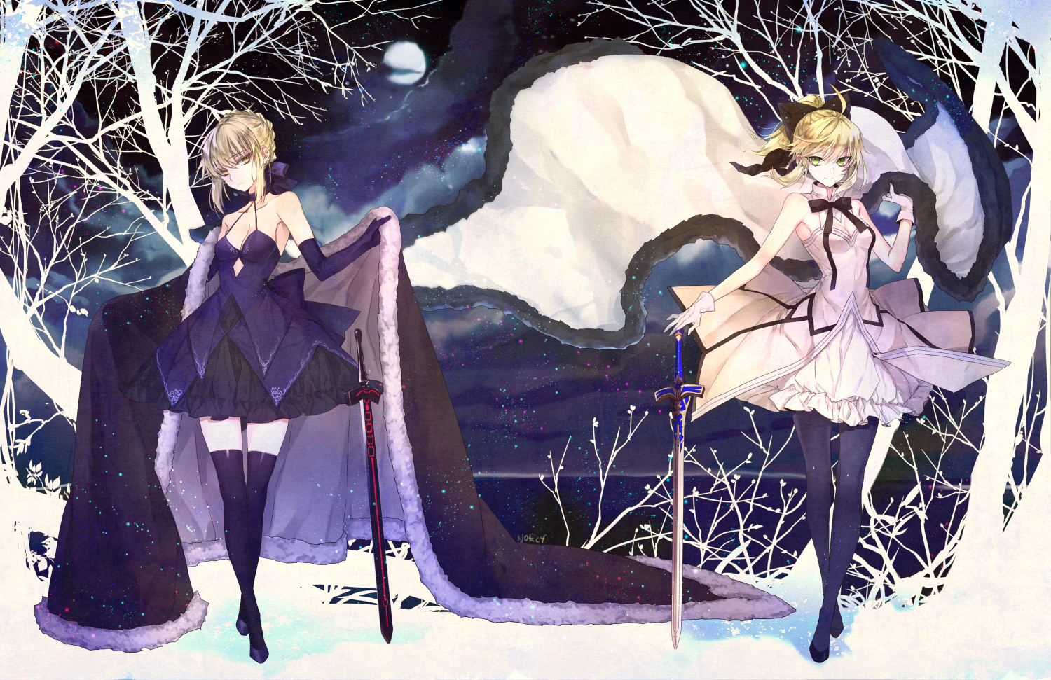 artoria_pendragon_(all), blonde_hair, bow, breasts, cape, cleavage, dress, fate_(series), fate/stay_night, fate/unlimited_codes, hachini, ribbons, saber, saber_alter, saber_lily, sword, thighhighs, tree, weapon, zettai_ryouiki