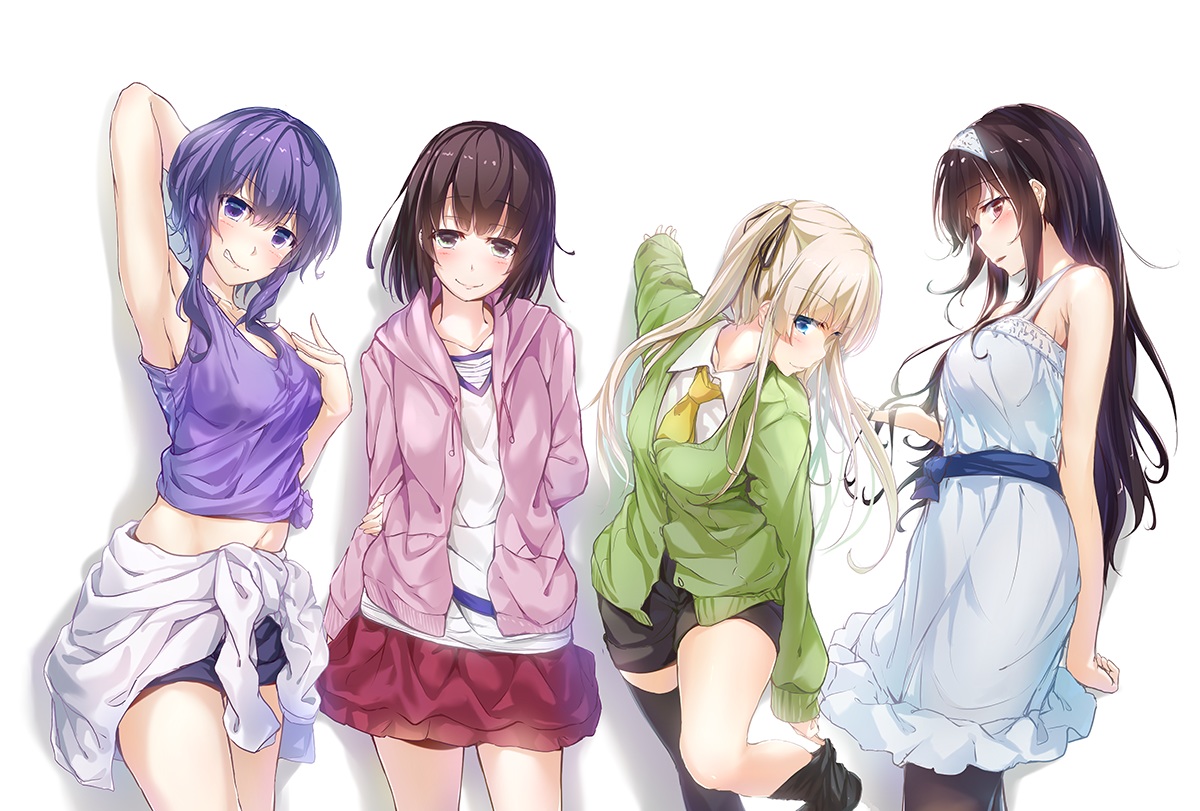 black_hair, blonde_hair, blue_eyes, blush, brown_hair, dress, group, headband