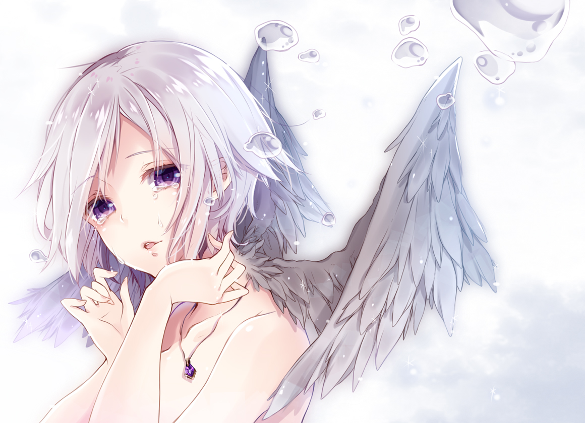 gray_hair, necklace, original, purple_eyes, sherypton, short_hair, tears, wings