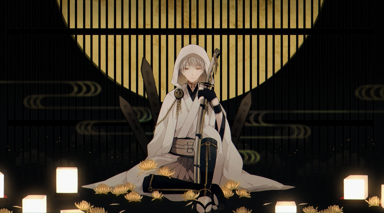 all_male, anthropomorphism, flowers, gloves, gray_hair, japanese_clothes, katana, male, moon, orange_eyes, short_hair, sword, touken_ranbu, tsurumaru_kuninaga, weapon, wristwear, yori_(y_rsy)