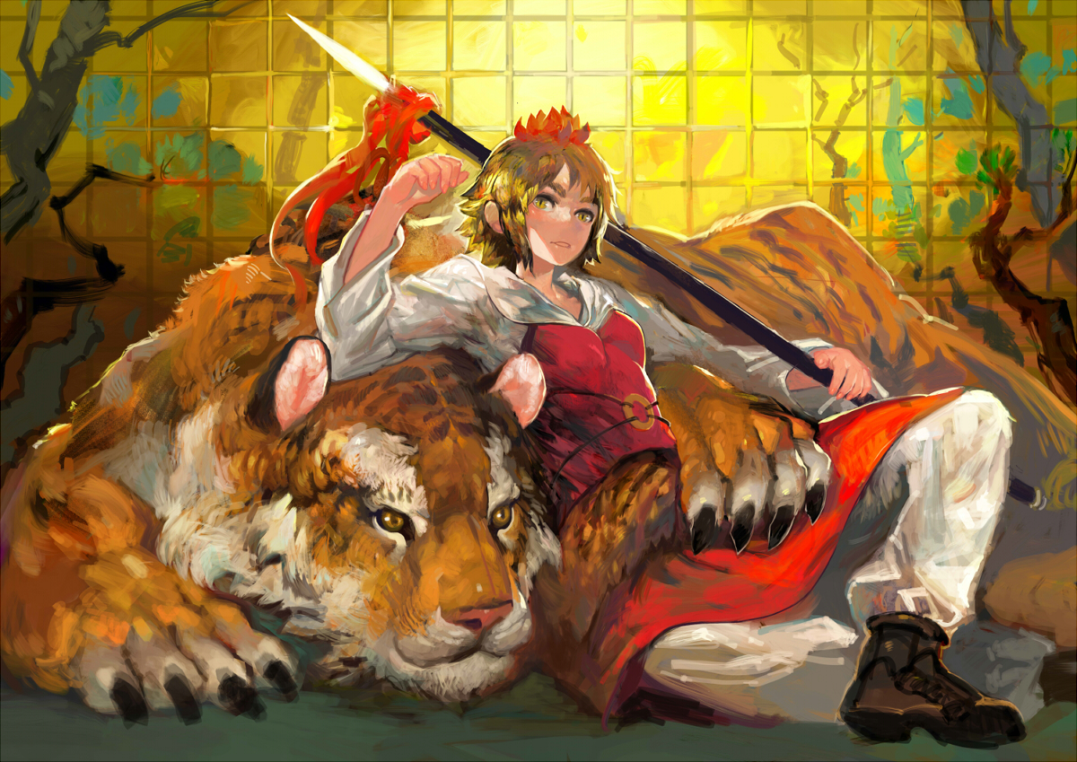animal, blonde_hair, boots, onion_(onion_and_pi-natto), ribbons, spear, tiger, toramaru_shou