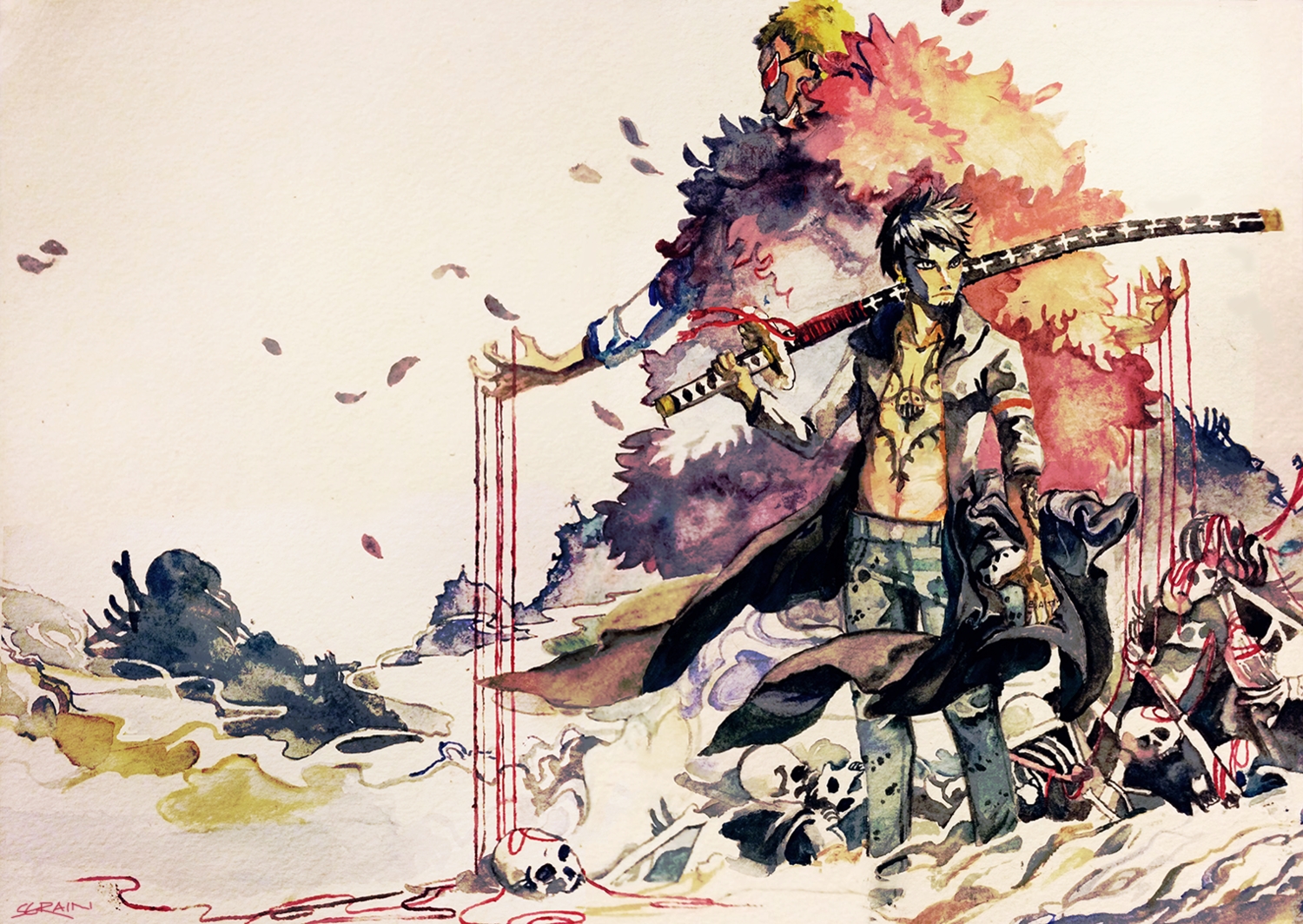 all_male, black_hair, blonde_hair, bones, donquixote_doflamingo, katana, leaves, male