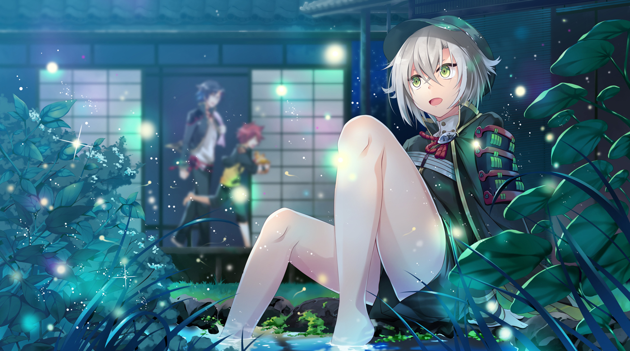 aizen_kunitoshi, akashi_kuniyuki, all_male, anthropomorphism, barefoot, grass, hat, hotarumaru, leaves, male, night, short_hair, touken_ranbu, water, yuzuki_(higurashi40)