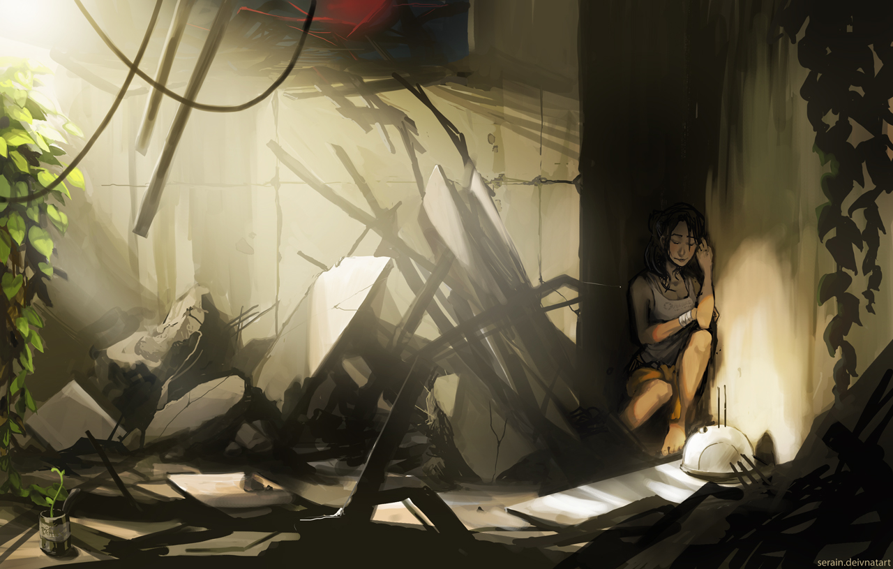 bandage, barefoot, brown_hair, chell, portal, portal_2, ruins, serain, watermark, wristwear