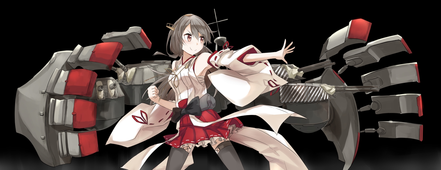 anthropomorphism, black_hair, bow, brown_eyes, haruna_(kancolle), ido_(teketeke), japanese_clothes, kantai_collection