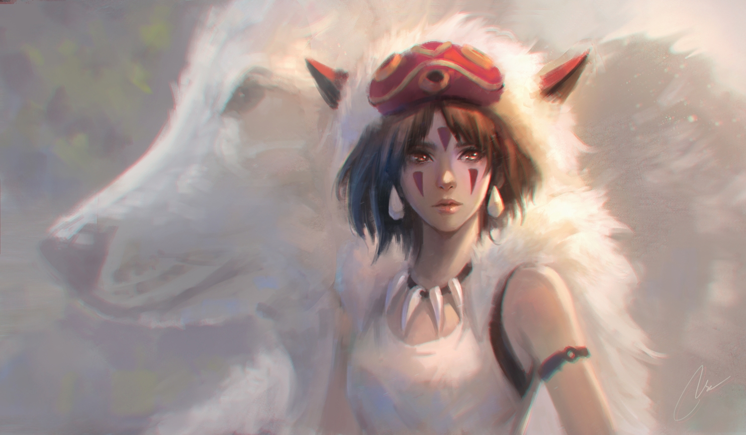 animal, animal_ears, brown_hair, horns, mononoke_hime, necklace, nguyen_uy_vu, red_eyes, san, wolf