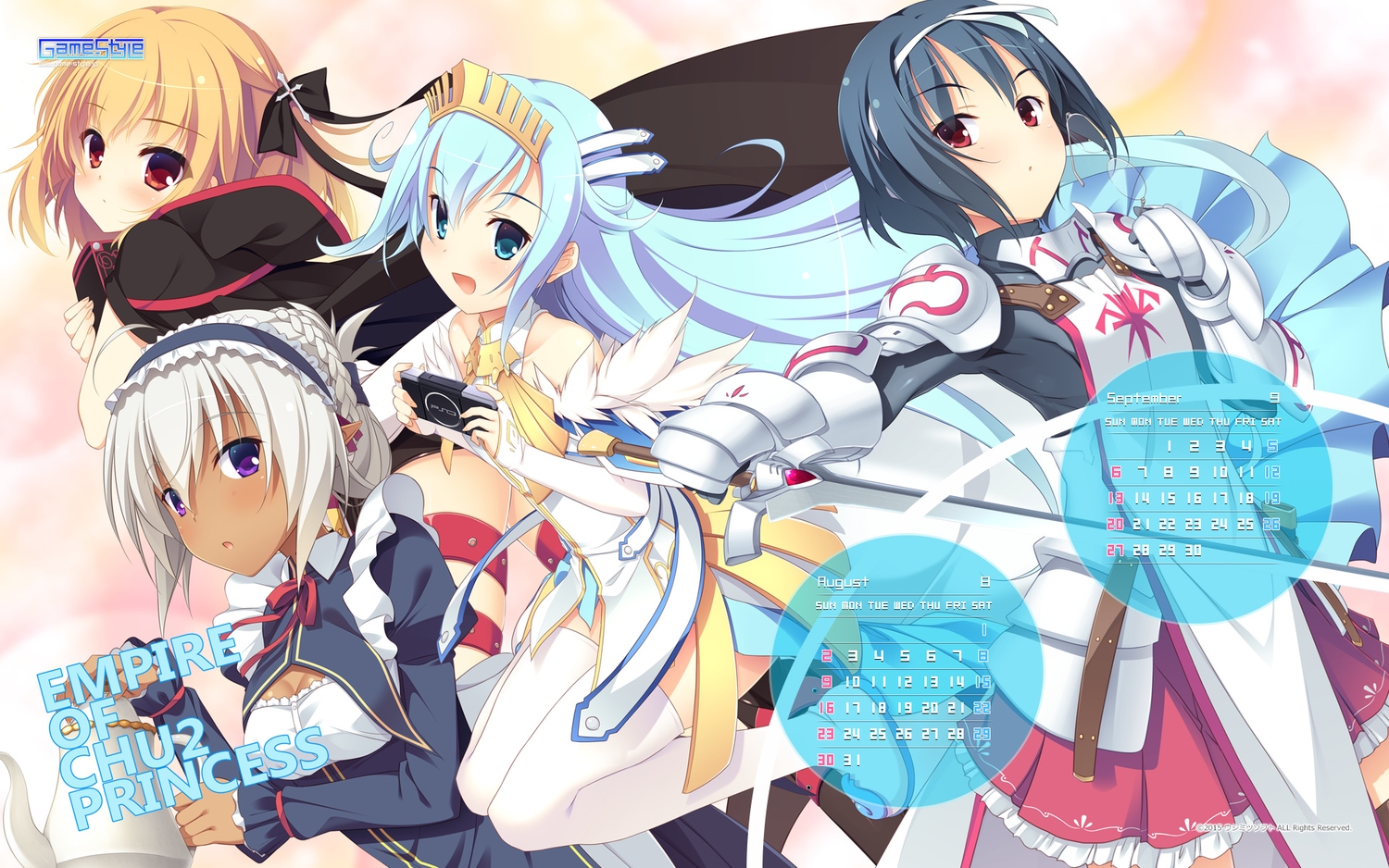 armor, breasts, calendar, cape, chuuni_hime_no_teikoku, cleavage, dark_skin, dress, game_console, game-style, glasses, group, maid, pointed_ears, sword, tagme_(character), thighhighs, weapon