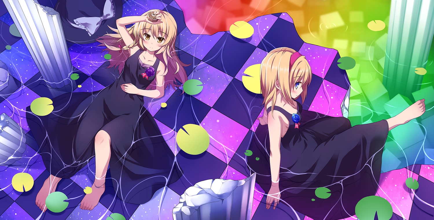 2girls, alice_margatroid, barefoot, blonde_hair, dress, hat, headband, kirisame_marisa, long_hair, rondo_umigame, touhou, water, wet, witch_hat