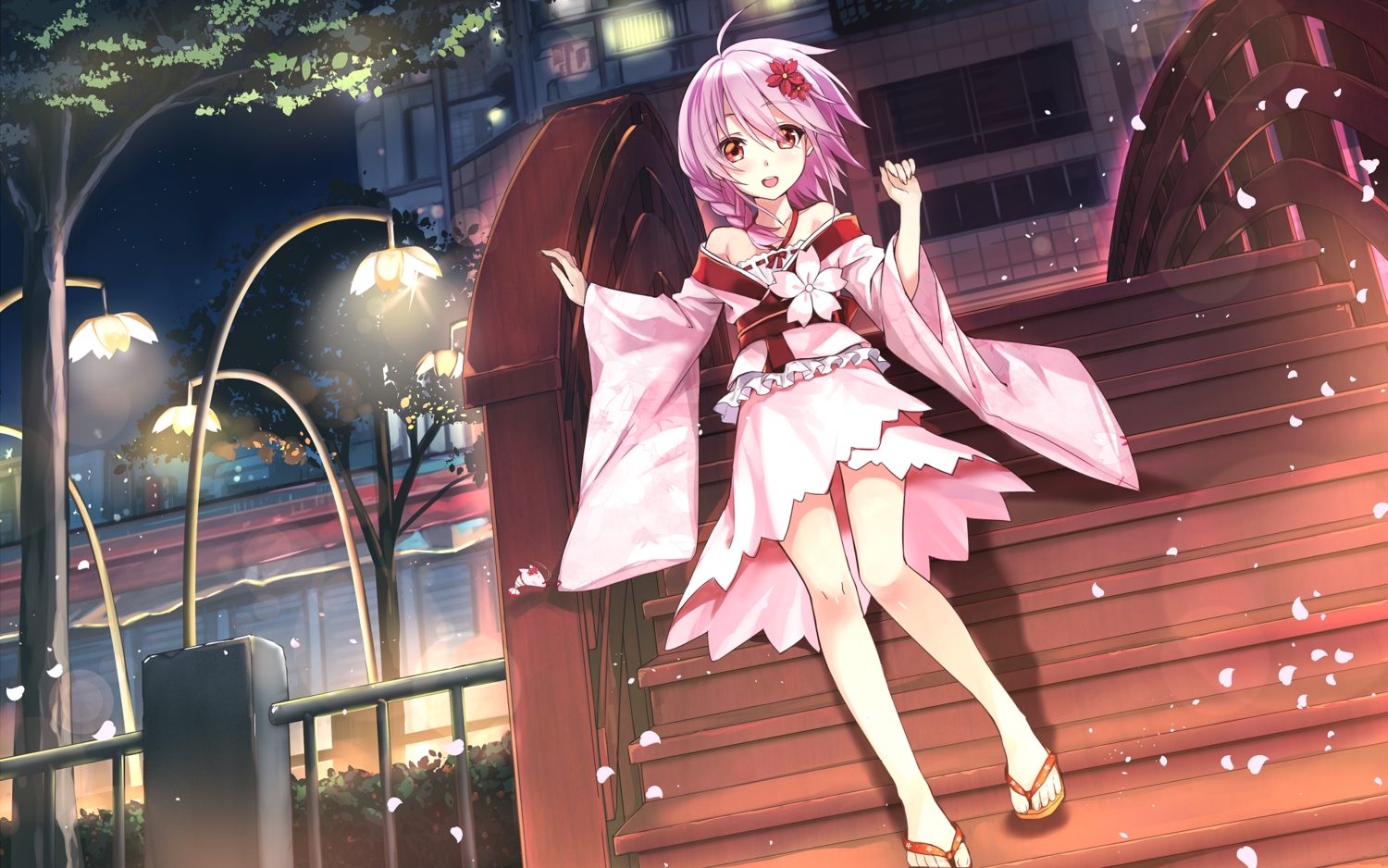 aliasing, anthropomorphism, braids, building, cherry_blossoms, dress, flowers, hika_(cross-angel), japanese_clothes, leaves, lolita_fashion, night, petals, pink_eyes, pink_hair, scenic, sergestid_shrimp_in_tungkang, short_hair, stairs, tree, xuan_ying
