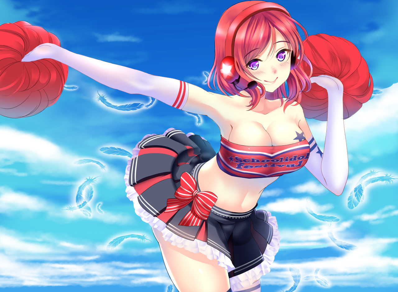 bikini_top, bow, breasts, cheerleader, cleavage, elbow_gloves, feathers, gloves, gorua_(youce01), headphones, love_live!_school_idol_project, microphone, navel, nishikino_maki, purple_eyes, red_hair, skirt, tattoo, thighhighs
