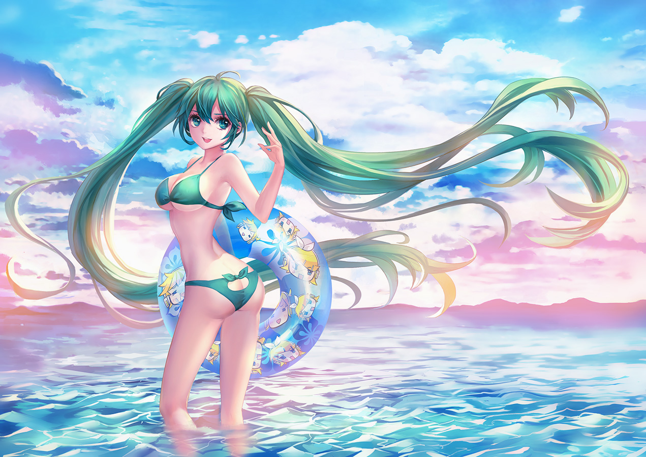 8rats, ass, bikini, breasts, cleavage, clouds, hatsune_miku, jpeg_artifacts, long_hair, sky, swim_ring, swimsuit, twintails, vocaloid, water