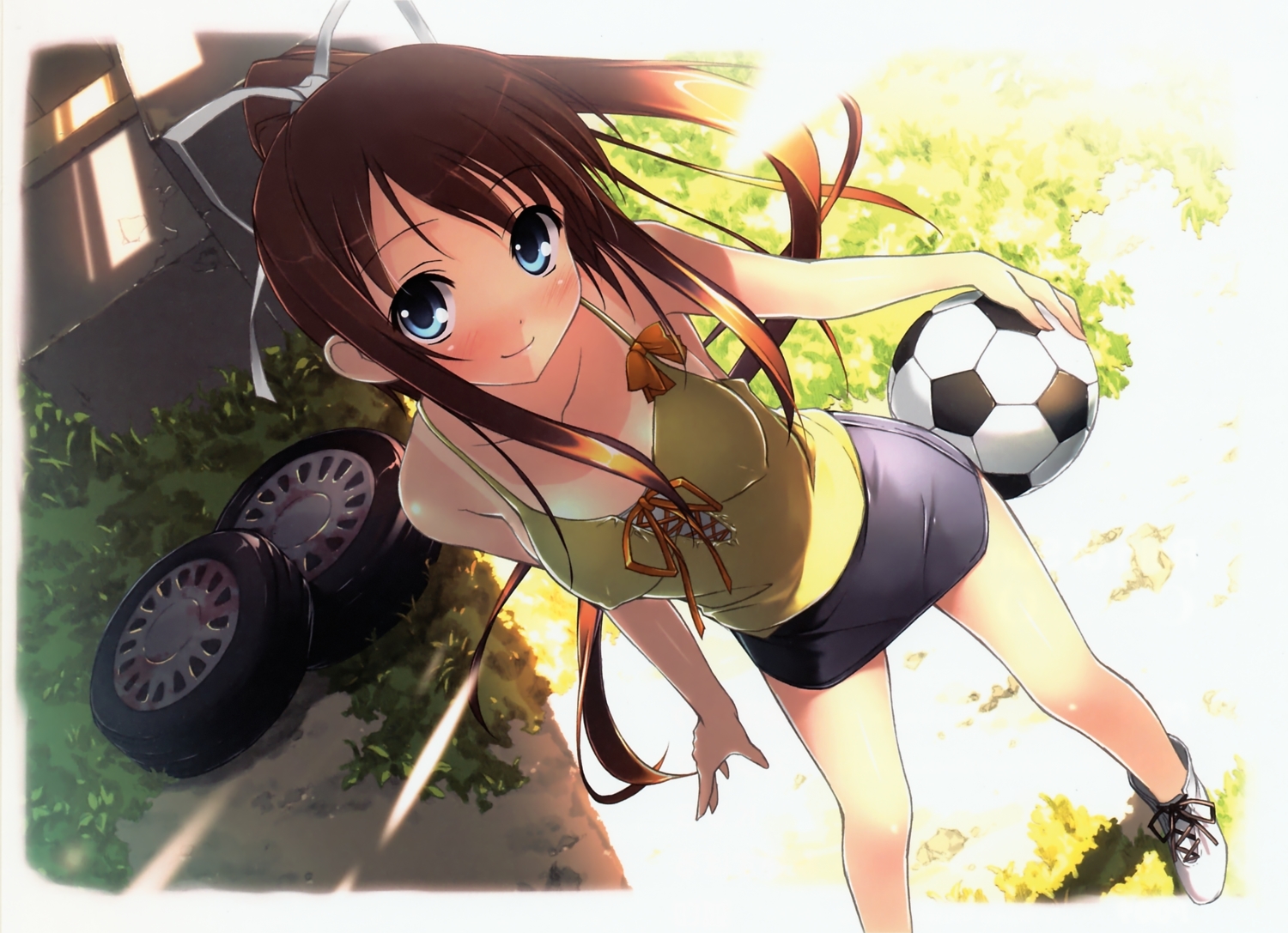 ball, blue_eyes, brown_hair, cube, kantoku, leaves, long_hair, miyazawa_midori, natsu_no_ame, ponytail, scan, shade, soccer, sport, tan_lines