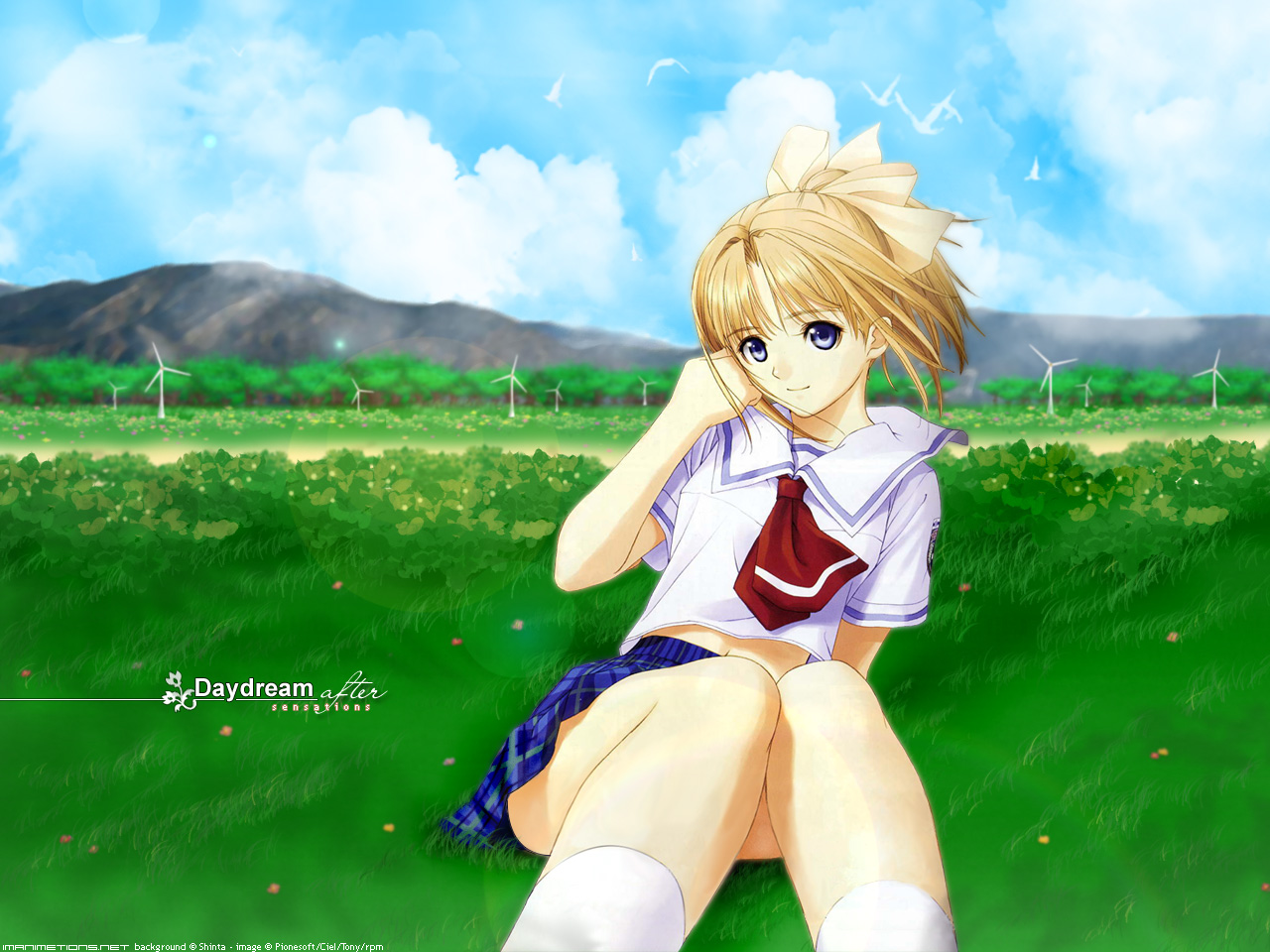 after, blue_eyes, grass, landscape, orange_hair, ponytail, scenic, school_uniform