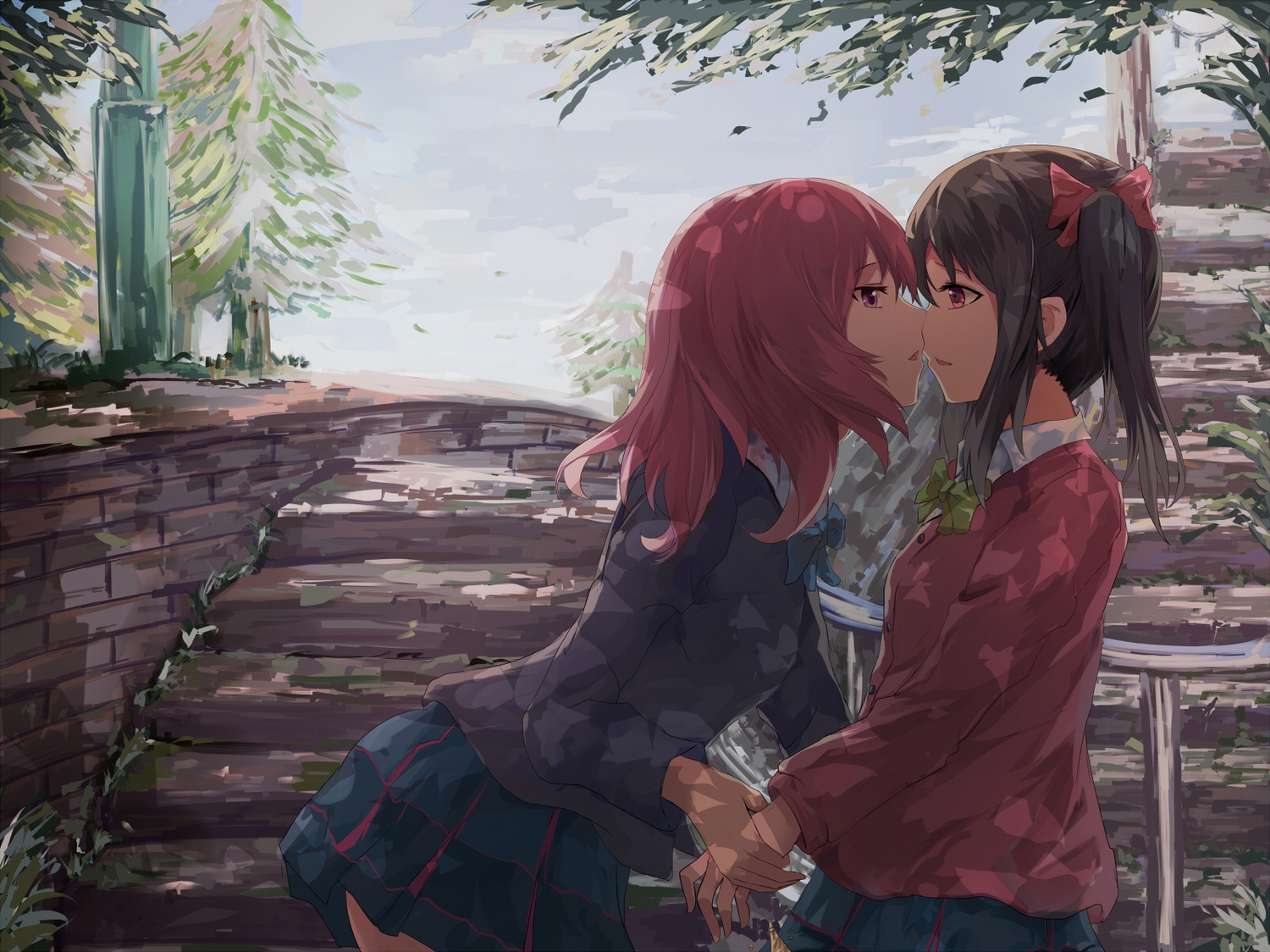 2girls, black_hair, bow, kiss, love_live!_school_idol_project, nishikino_maki, red_hair, school_uniform, shoujo_ai, skirt, stairs, tree, white_crow, yazawa_nico